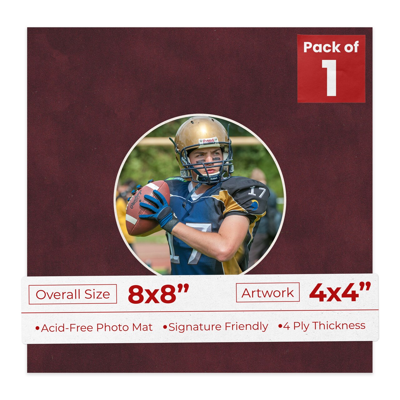 Dark Red Suede Mat Board for 8x8 Frames - Circle Opening for 4x4 Photos